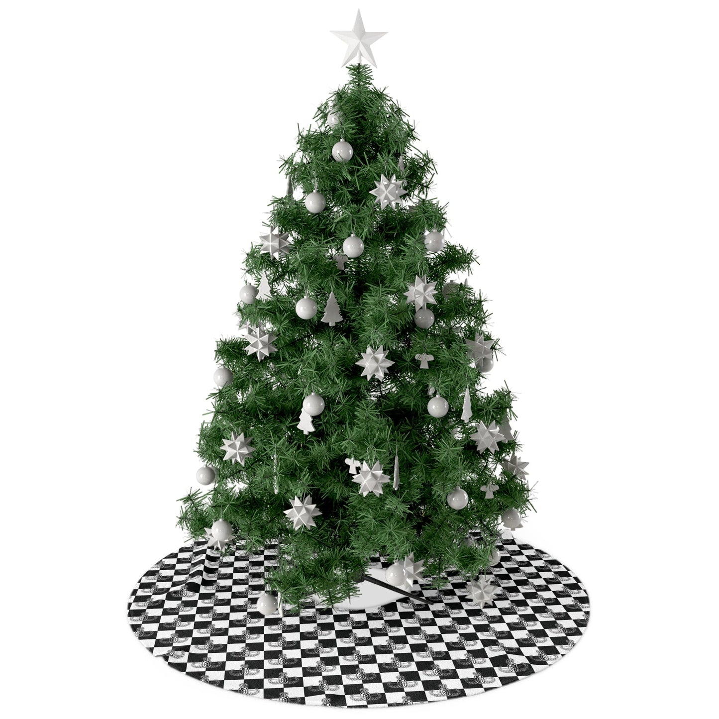 Decorated Christmas tree with white ornaments on a checkered base against a white background