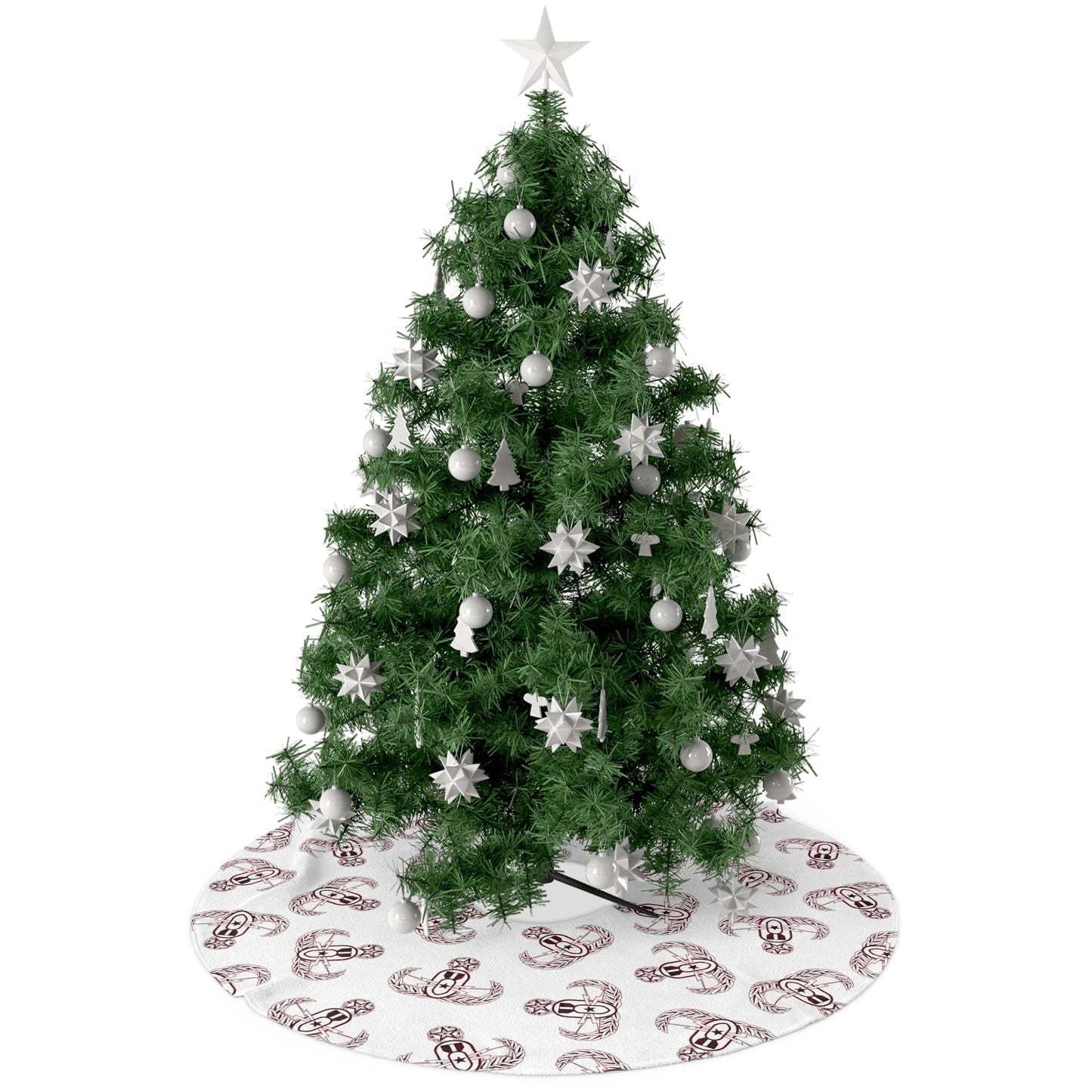 Decorated Christmas tree with a white star on top, surrounded by a patterned tree skirt on a white background.