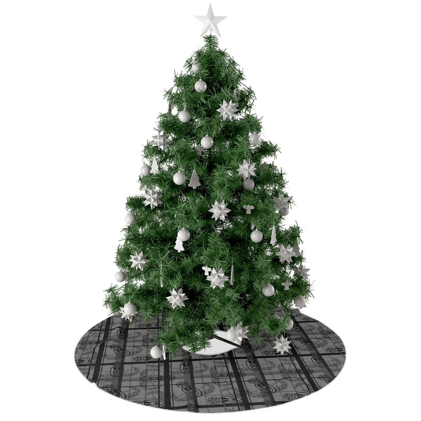 Decorated Christmas tree with white ornaments on a white background