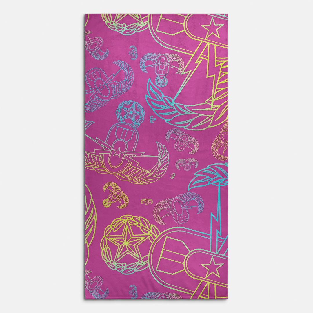 Beach Towel - "EOD Mixed Badges" (Multicolor on Pink)
