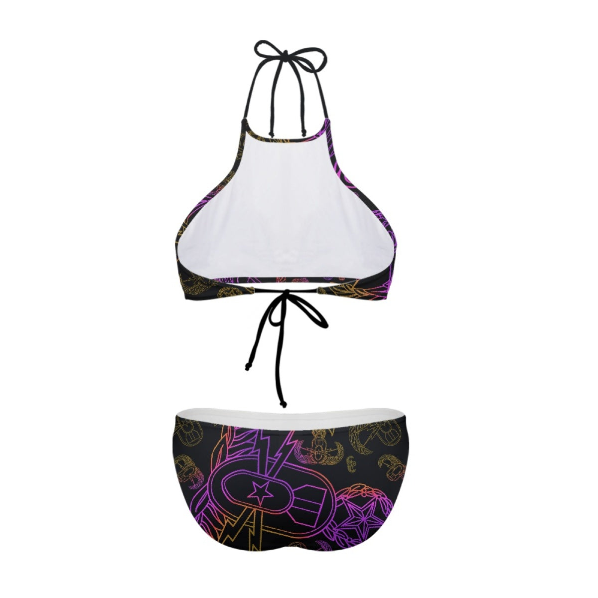 Women's High Neck Bikini - "EOD Mixed Badges" (Purple/Yellow on Black)