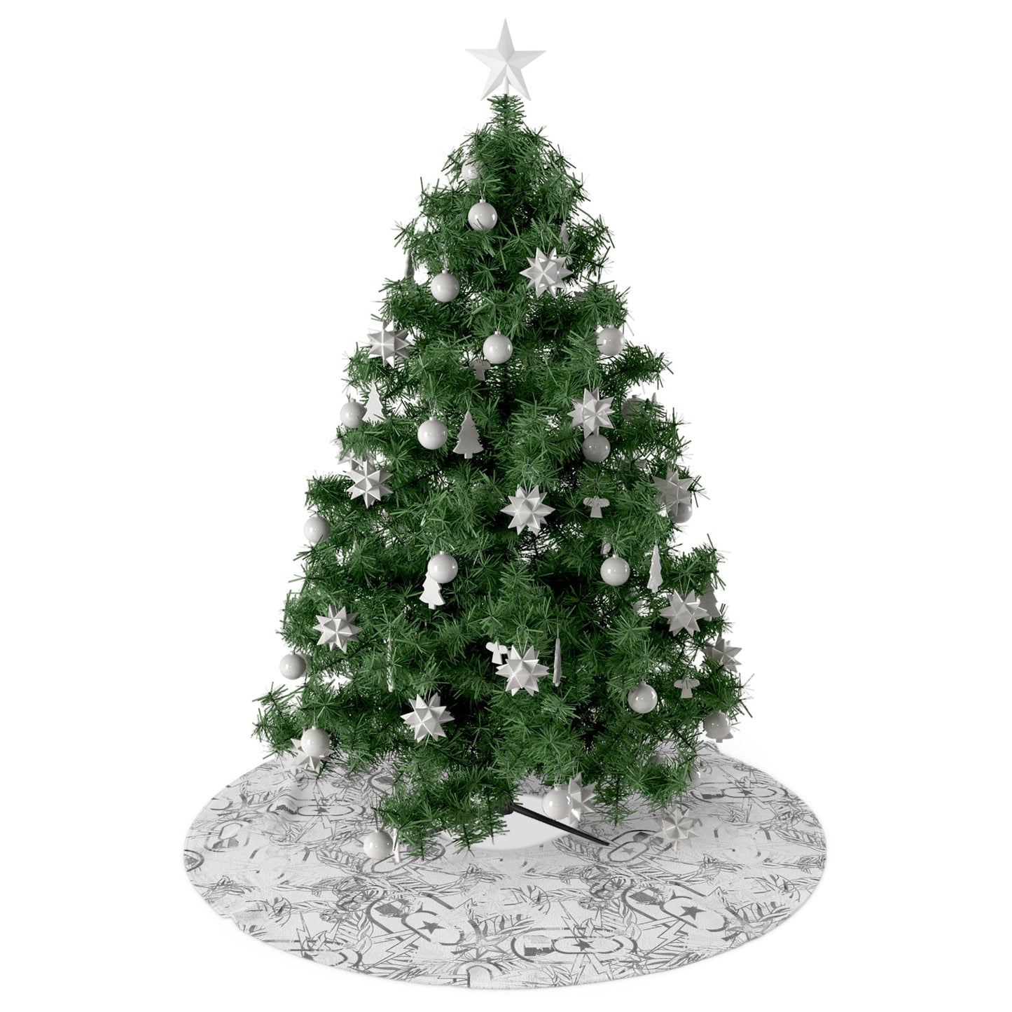 Decorated Christmas tree with white ornaments on a white background