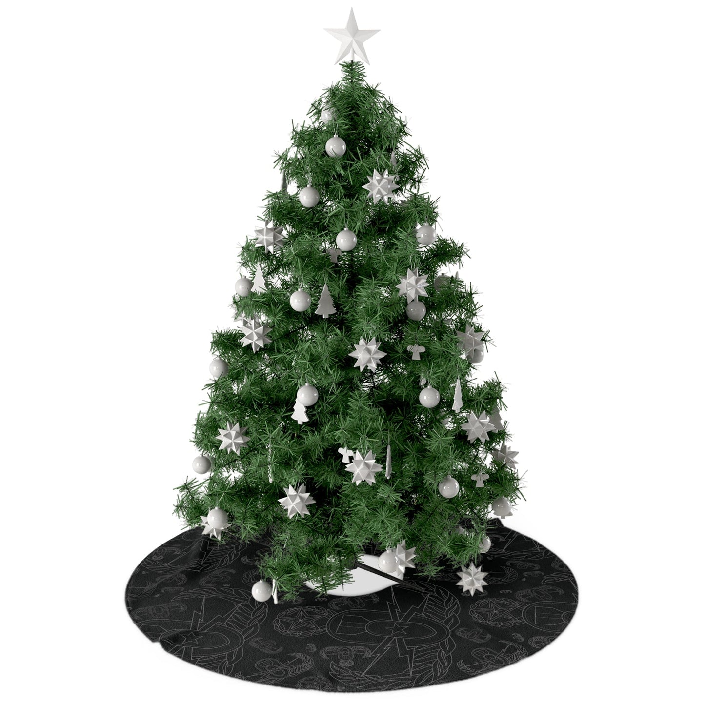 Decorated Christmas tree with white ornaments on a white background