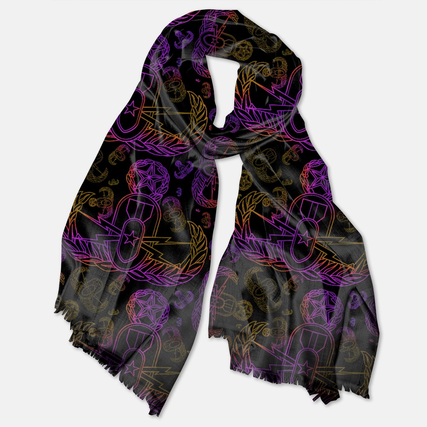 Print On Demand - Pashmina Scarf - "EOD Mixed Badges" (Purple/Yellow on Black)