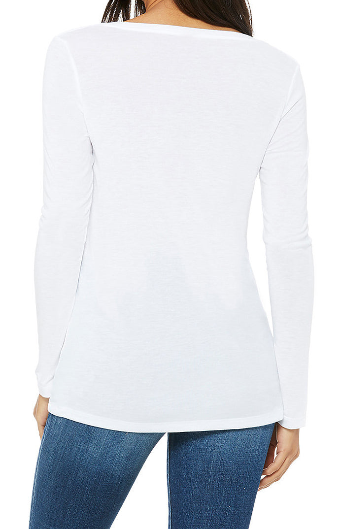 A woman modeling the backside of a white longsleeve tee