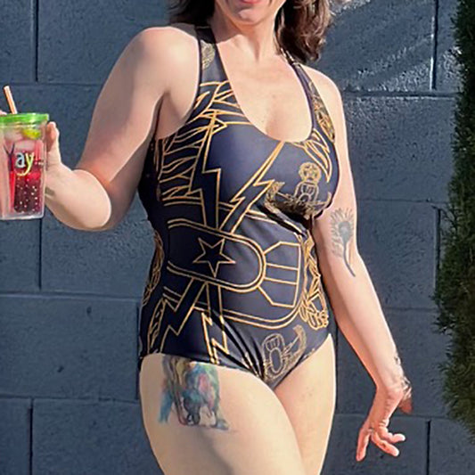 Women's Reversible One-Piece Swimsuit - "EOD Bomb Flag"(Gold and Navy)