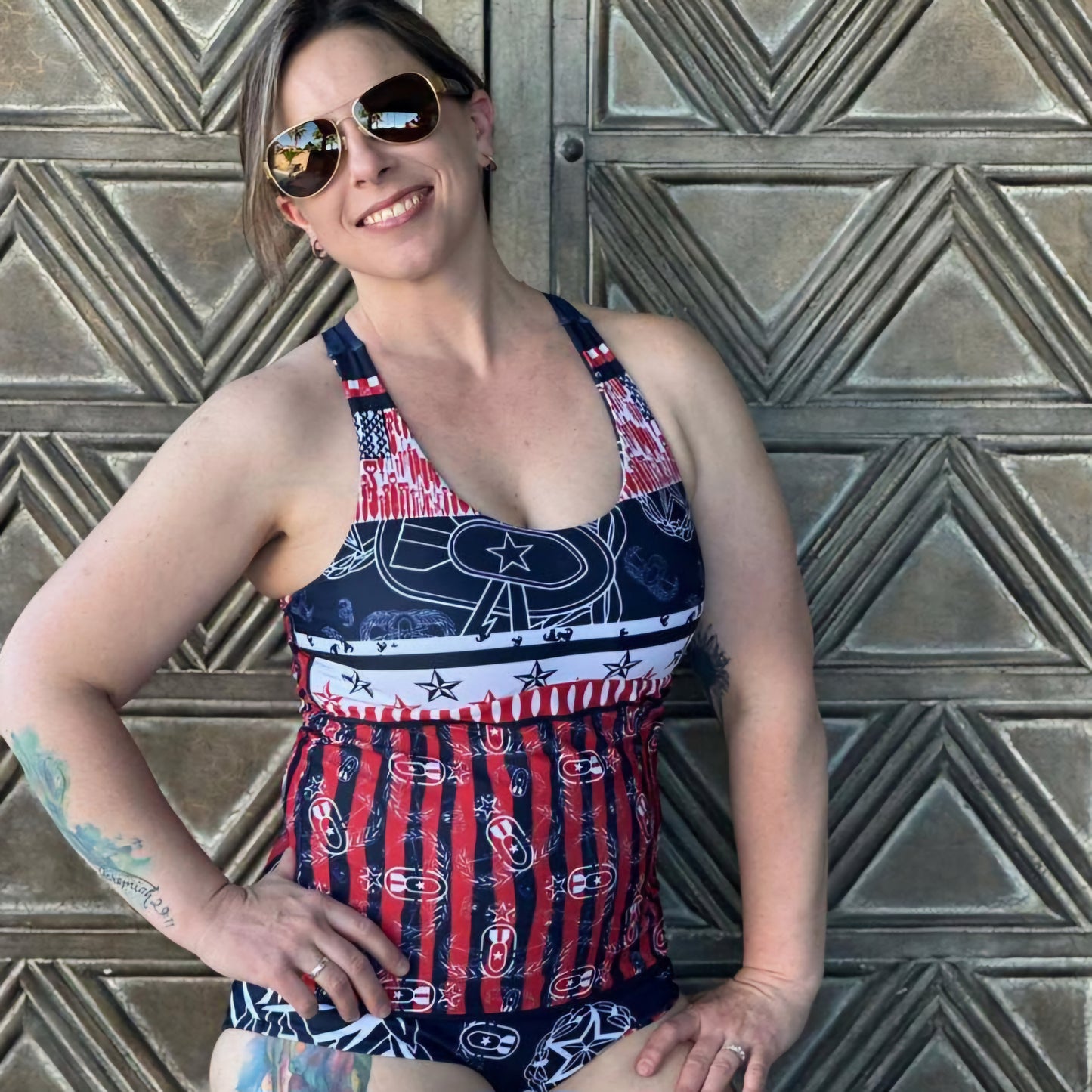 Women's Reversible Tankini - "Badges & Stripes"