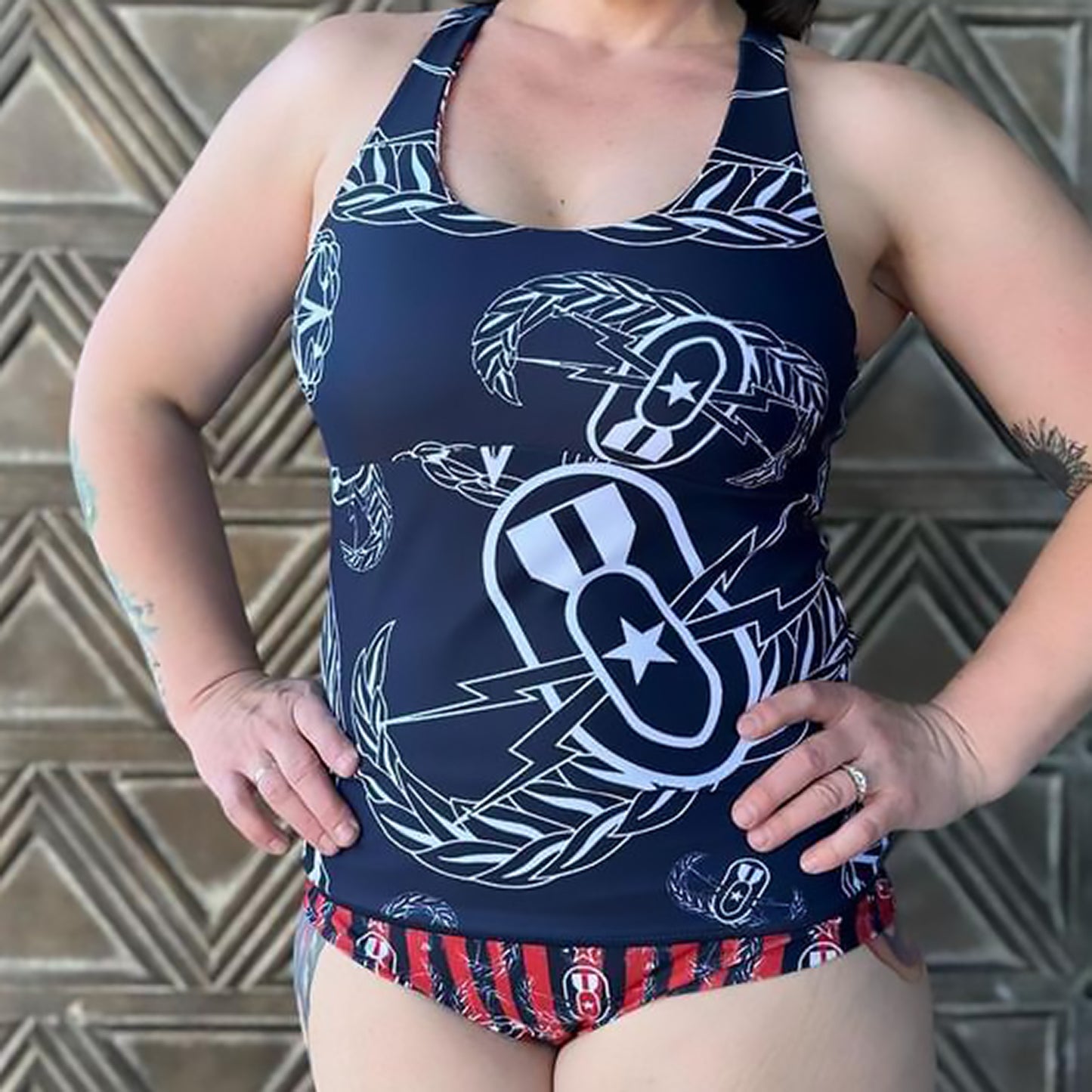 Women's Reversible Tankini - "Badges & Stripes"