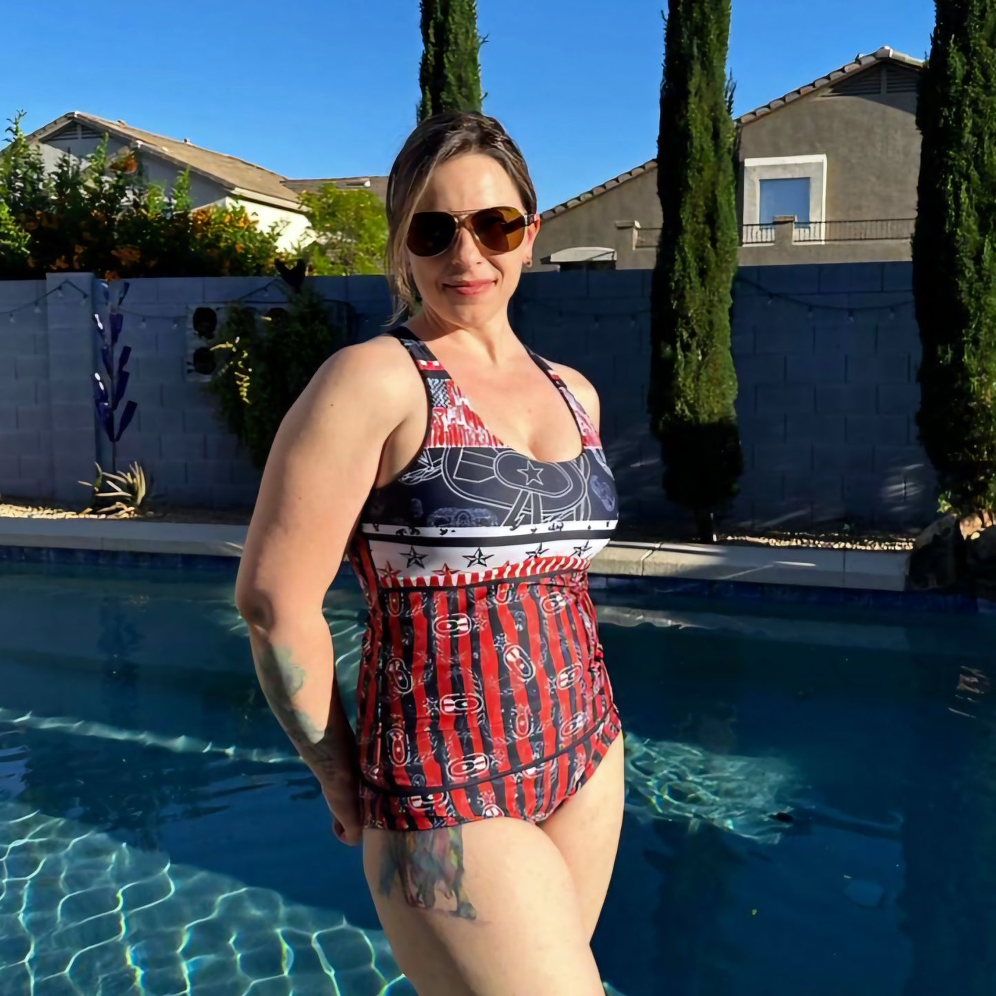 Women's Reversible Tankini - "Badges & Stripes"