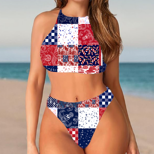 Women's High Neck Bikini - "EOD Patchwork" (Red, White, & Blue)