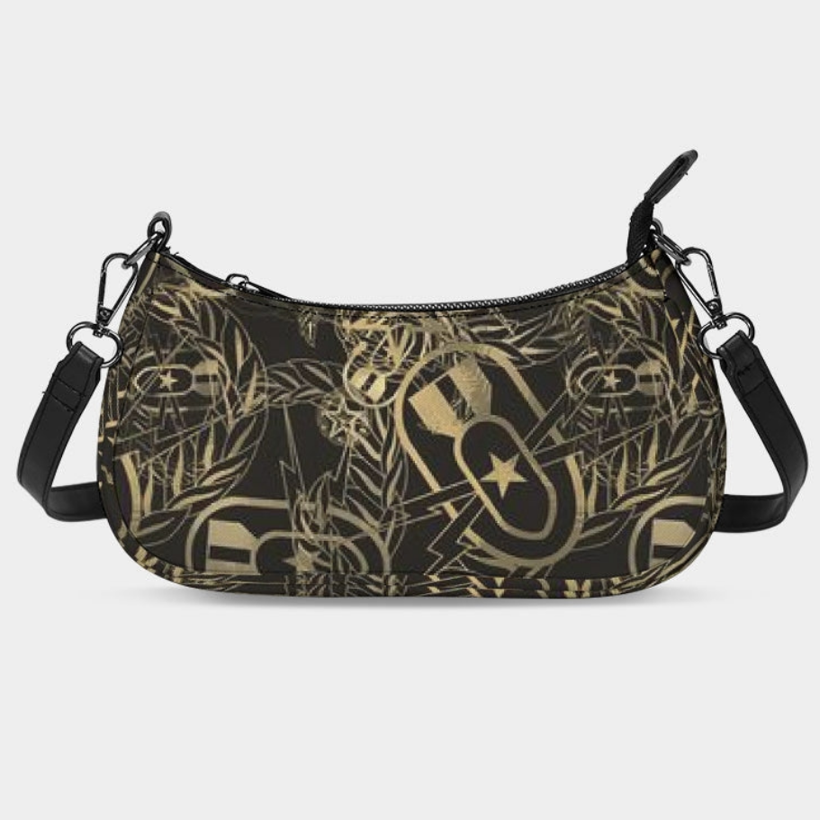 Patterned handbag with black and gold design on a white background
