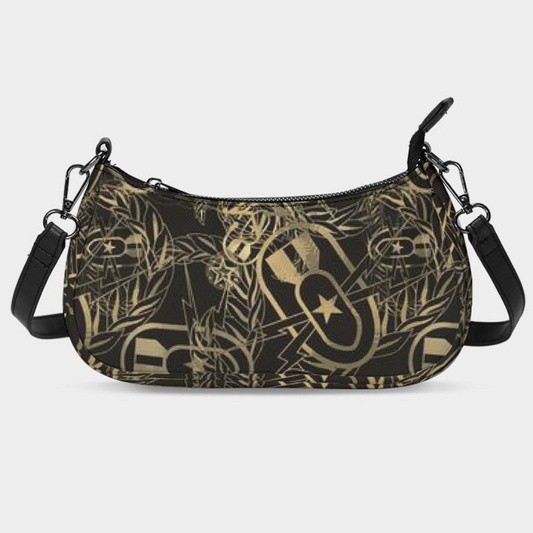 Patterned handbag with black and gold design on a white background