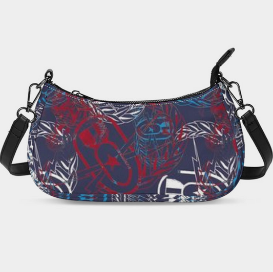 Handbag with a colorful abstract pattern on a white background