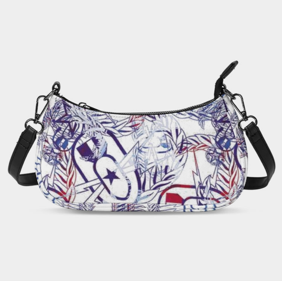 Patterned handbag with a shoulder strap on a light gray background