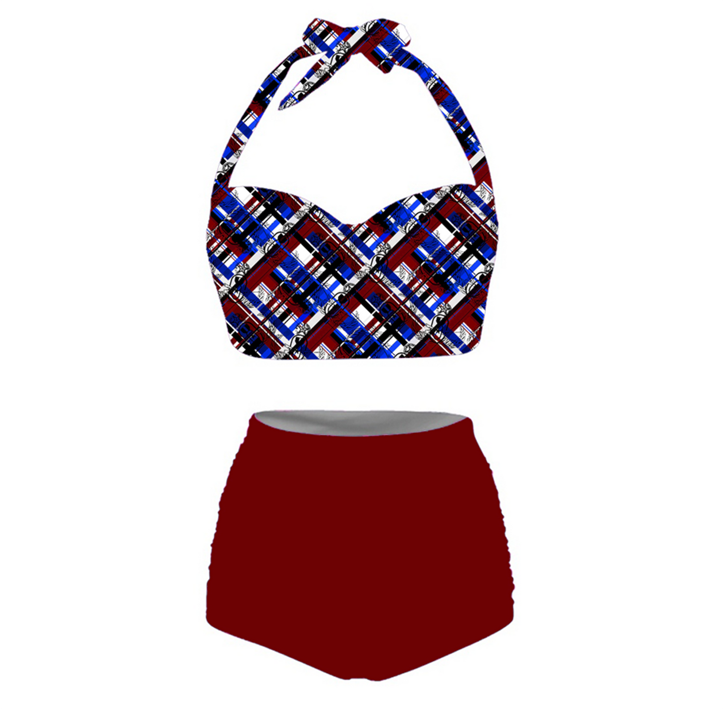 Women's Retro Halter Two-Piece - "EOD Diagonal Plaid" (Red, White, & Blue)