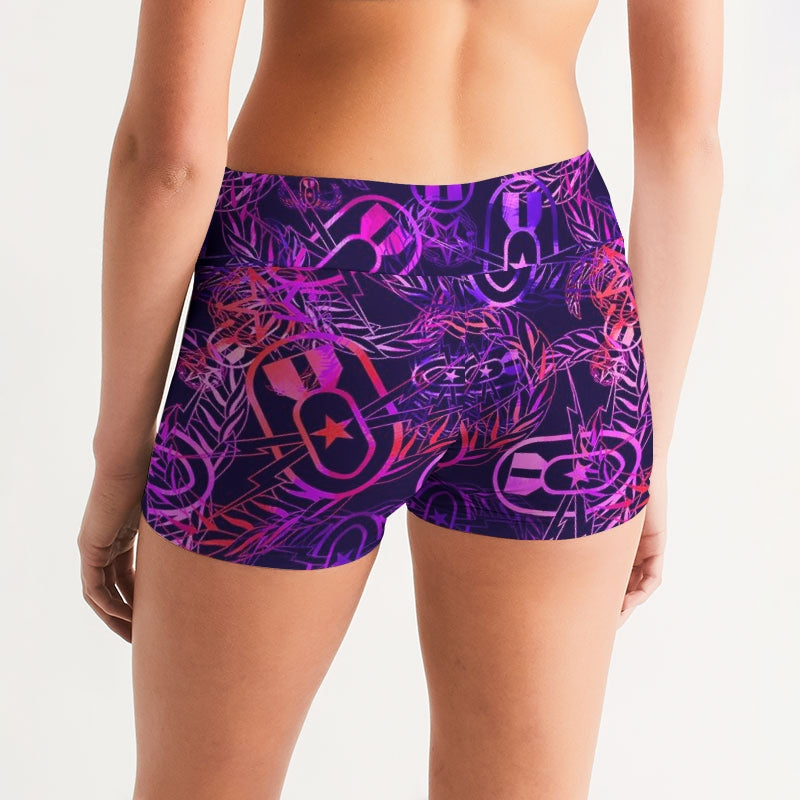 Women's Mid-Rise Yoga Shorts - "It's 5 o'clock Somewhere" (Orange on Purple)