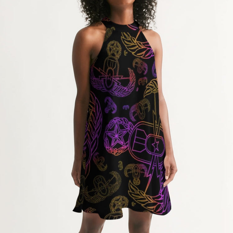 High Neck Dress - "EOD Mixed Badges" (Purple/Yellow on Black)