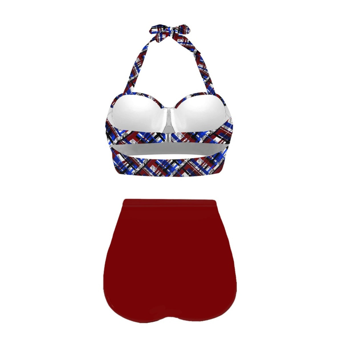 Women's Retro Halter Two-Piece - "EOD Diagonal Plaid" (Red, White, & Blue)