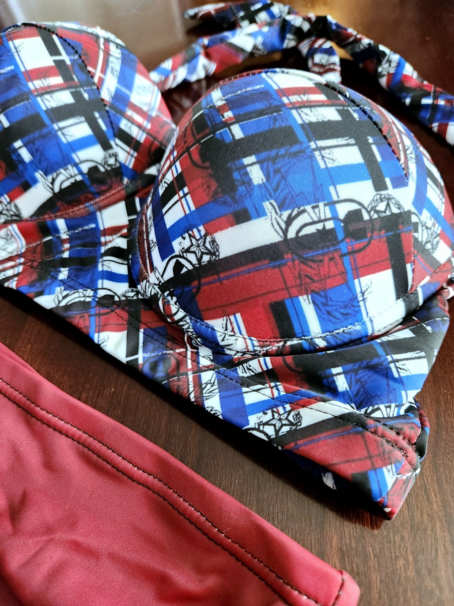 Women's Retro Halter Two-Piece - "EOD Diagonal Plaid" (Red, White, & Blue)