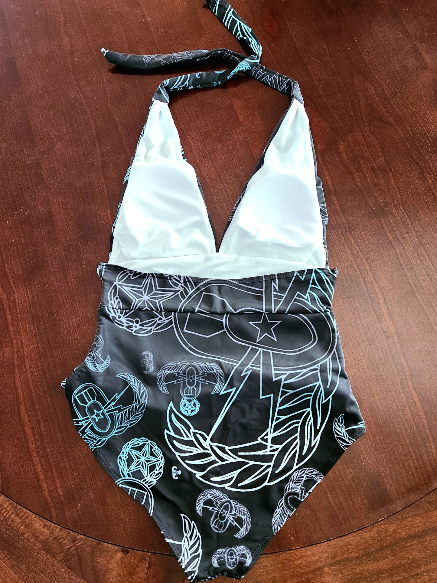 Women's Halter One-Piece - "EOD Mixed Badges" (Faded Turquoise)