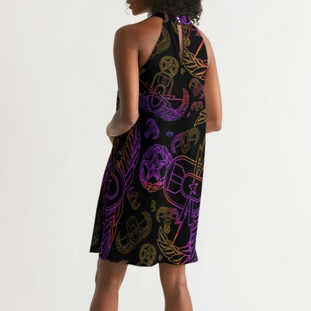 High Neck Dress - "EOD Mixed Badges" (Purple/Yellow on Black)