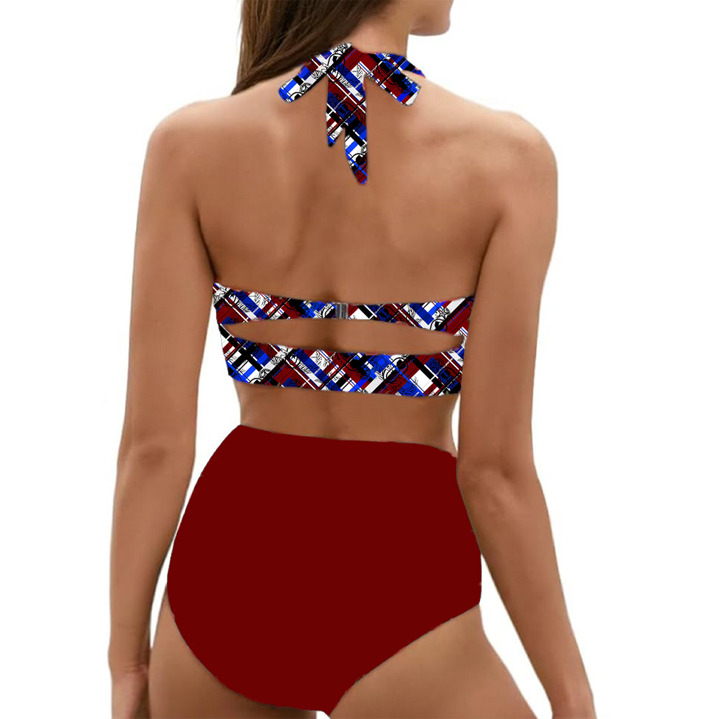 Women's Retro Halter Two-Piece - "EOD Diagonal Plaid" (Red, White, & Blue)
