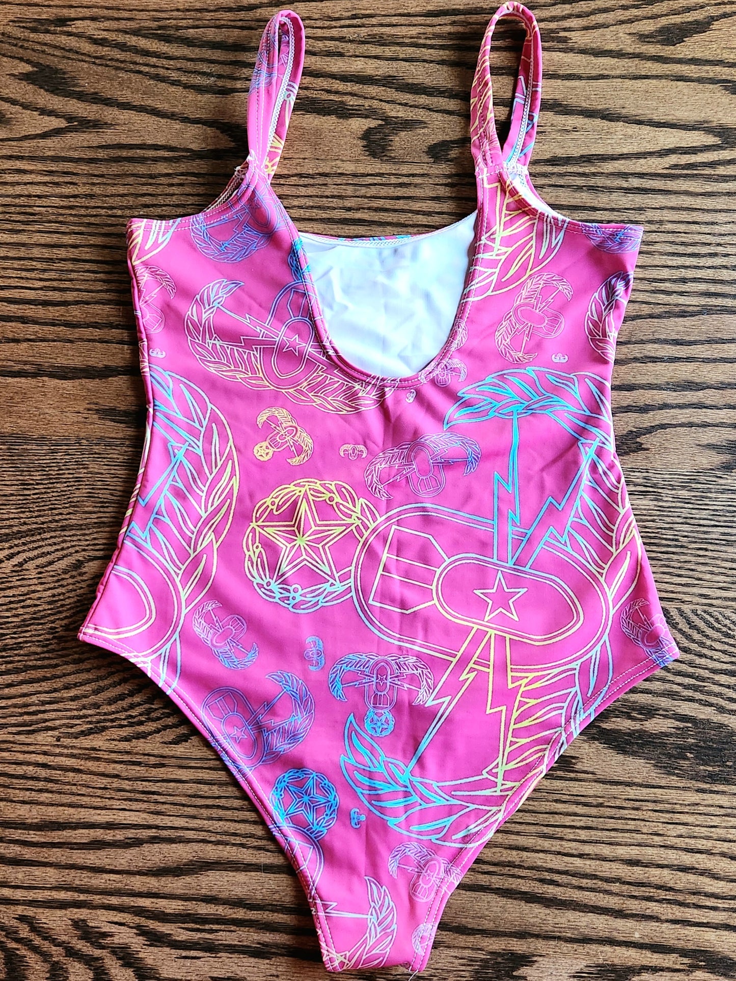 Misses One-Piece Swimsuit - "EOD Mixed Badges" (Multicolor on Pink)