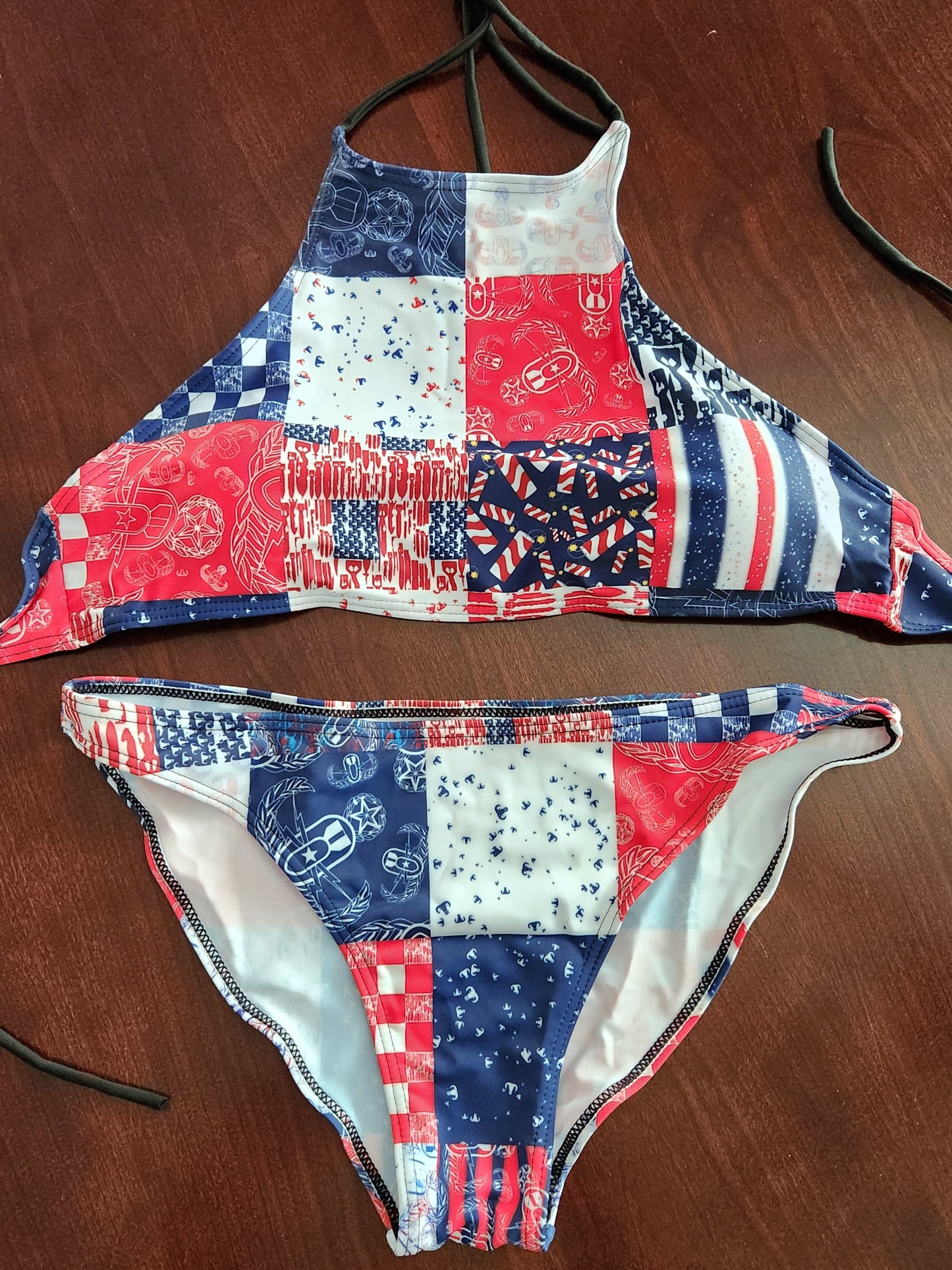 Women's High Neck Bikini - "EOD Patchwork" (Red, White, & Blue)
