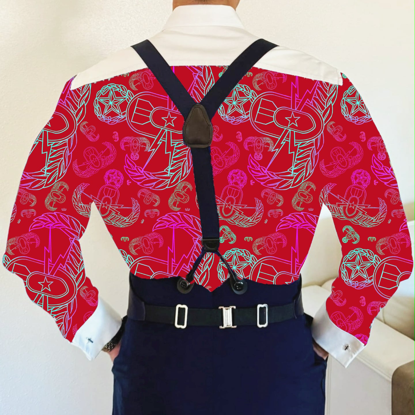 CUSTOM ORDER - Mess Dress Shirt (Men's) - "EOD Mixed Badges" (Rainbow on Red)