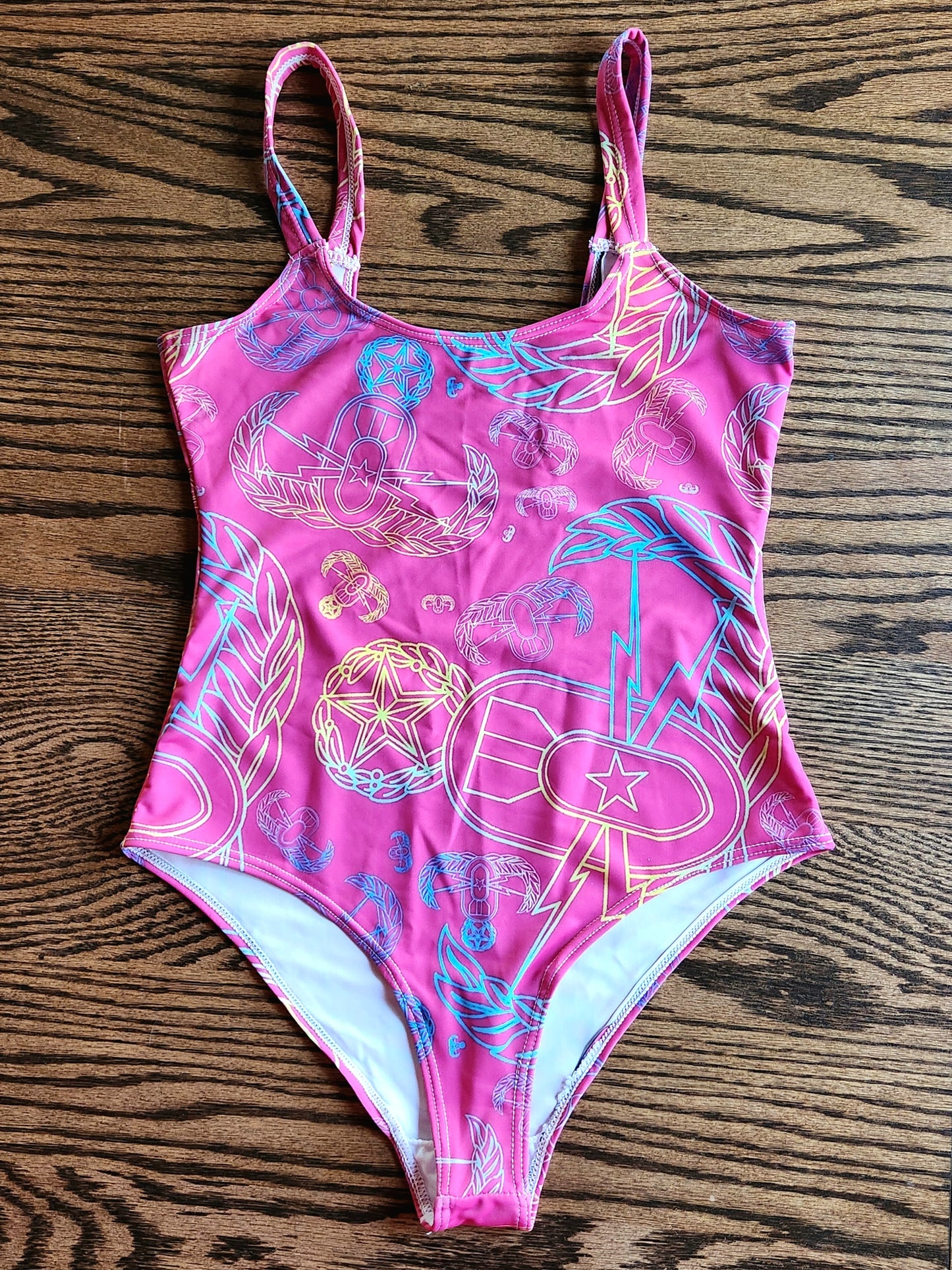 Misses One-Piece Swimsuit - "EOD Mixed Badges" (Multicolor on Pink)