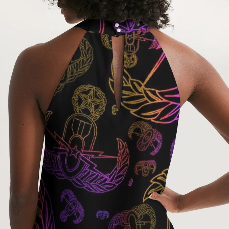 Dress (High Neck) - "EOD Mixed Badges" (Purple/Yellow on Black)