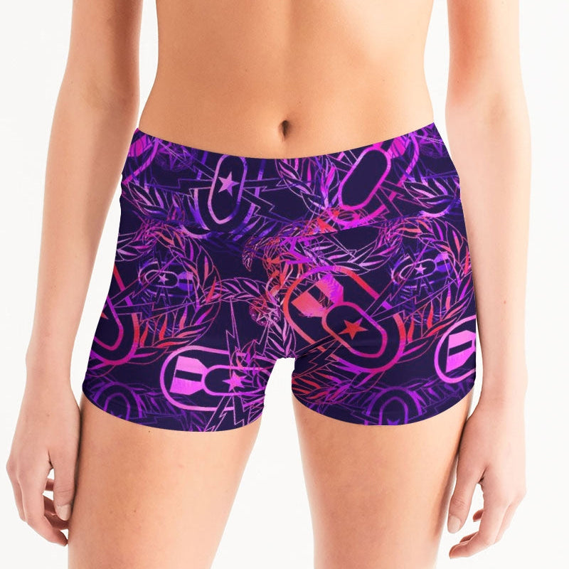 Women's Mid-Rise Yoga Shorts - "It's 5 o'clock Somewhere" (Orange on Purple)