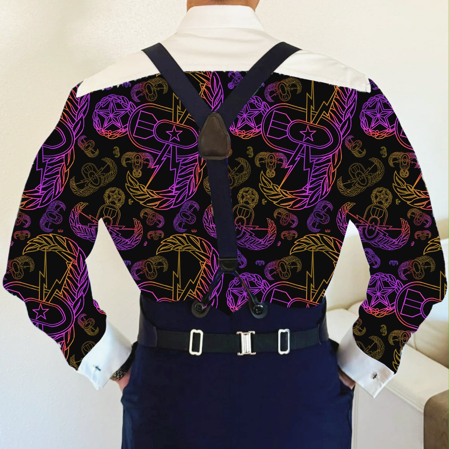 CUSTOM ORDER - Mess Dress Shirt (Men's) - "EOD Mixed Badges" (Yellow  & Purple on Black)