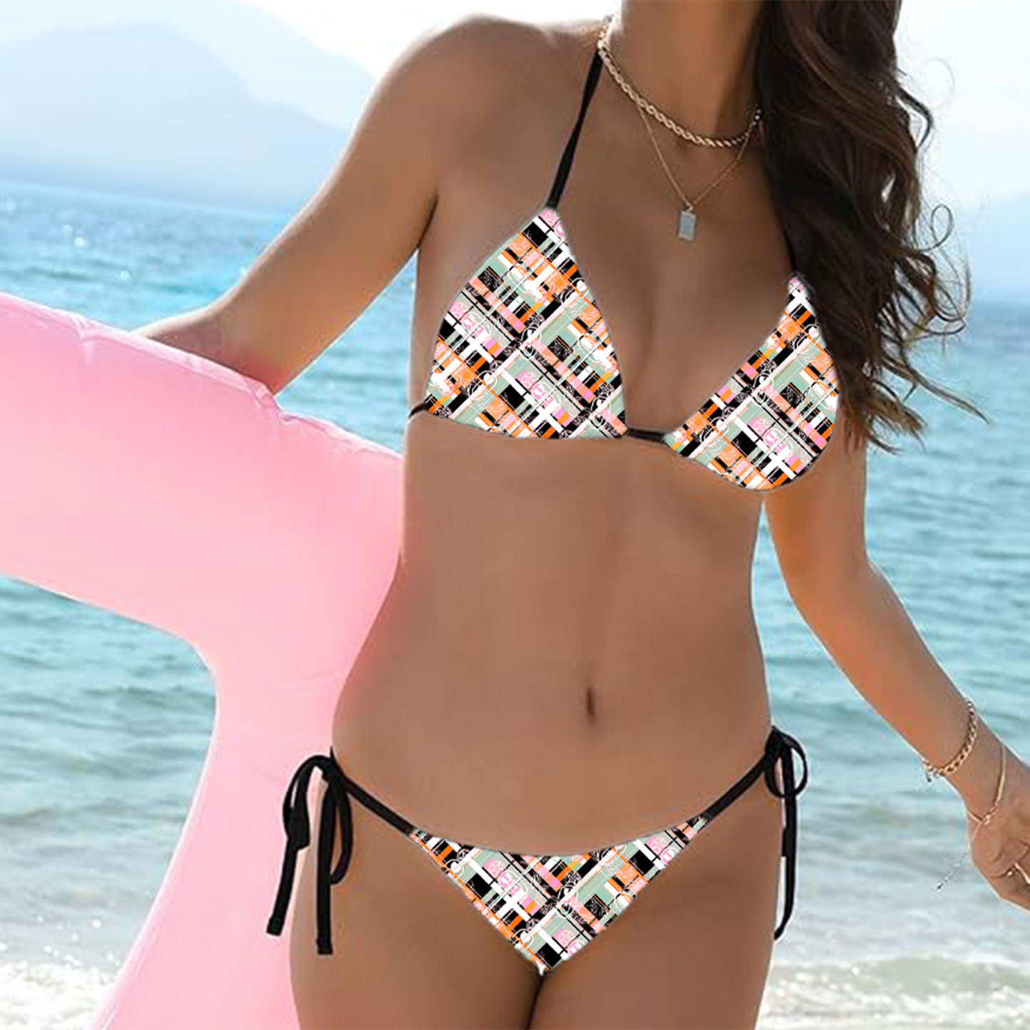 Women's String Bikini Style 2 - "EOD Diagonal Plaid" (Pink/Orange/Sage)