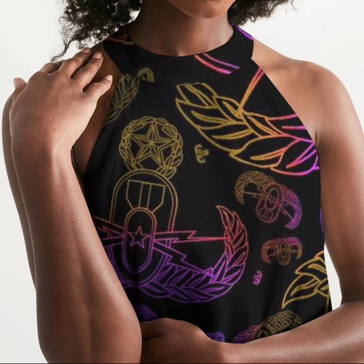 High Neck Dress - "EOD Mixed Badges" (Purple/Yellow on Black)