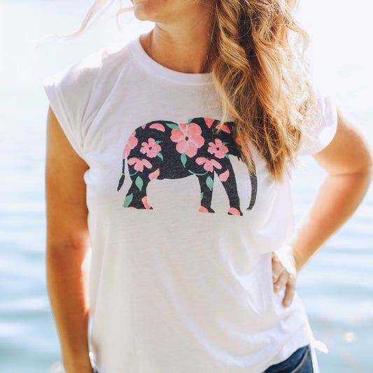 Pink Petal Elephant Rolled Cuff Sleeve T-shirt