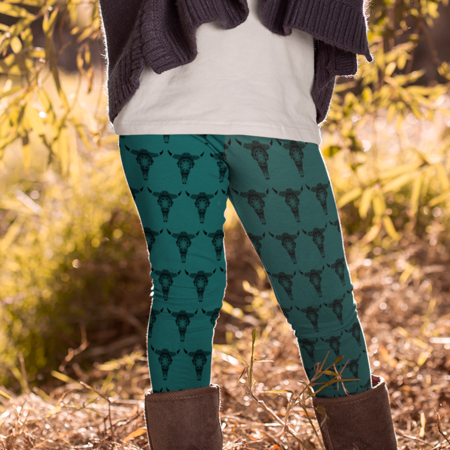 Leggings with Pockets (Youth) - "Mandala Bison Skull"