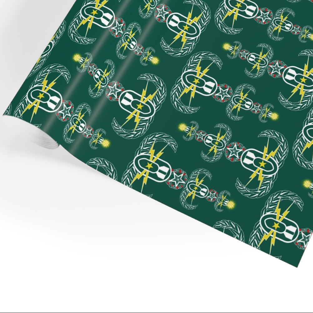 Green fabric with a pattern of yellow and white designs on a white background