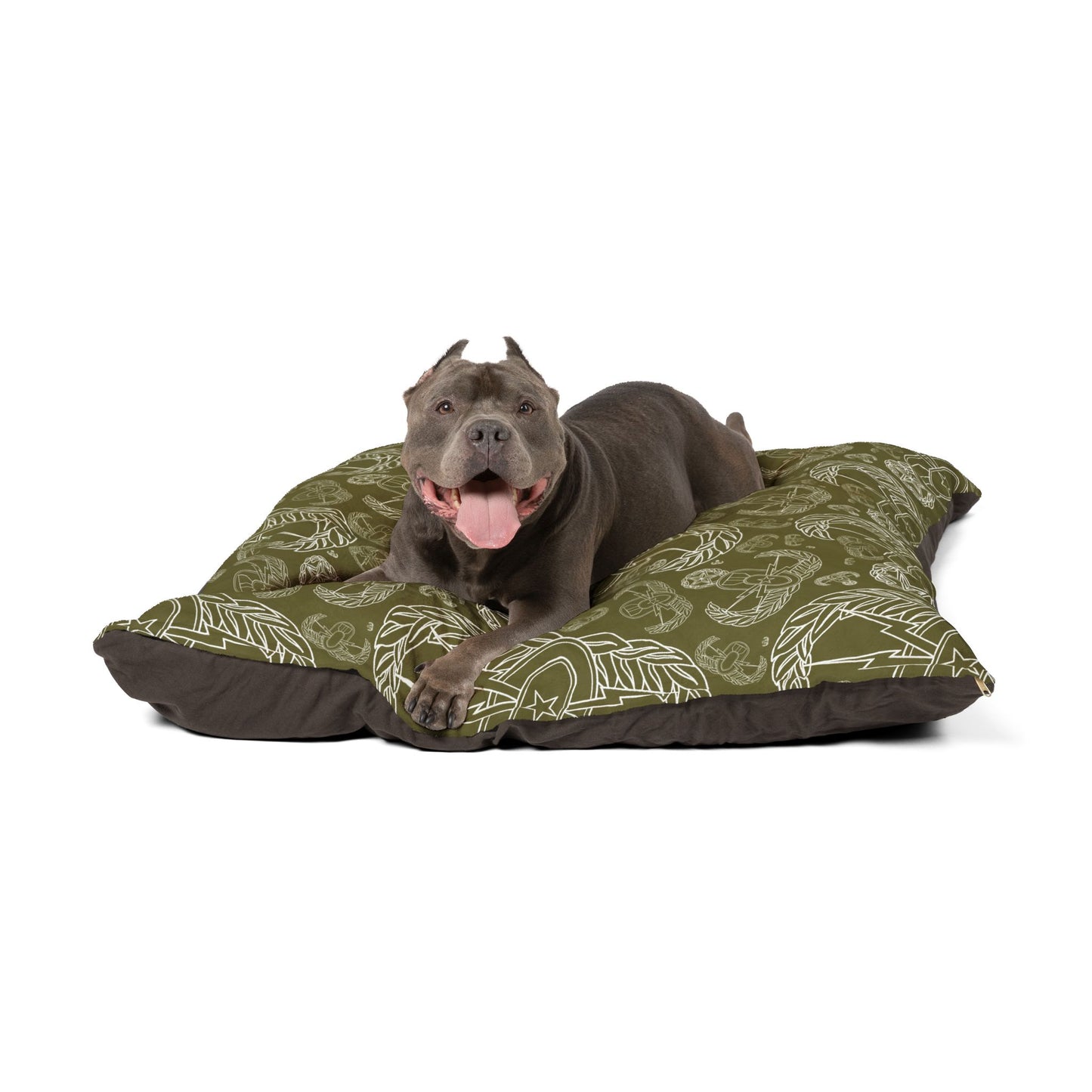Pet Bed — "EOD Mixed Badges" (White on Olive)