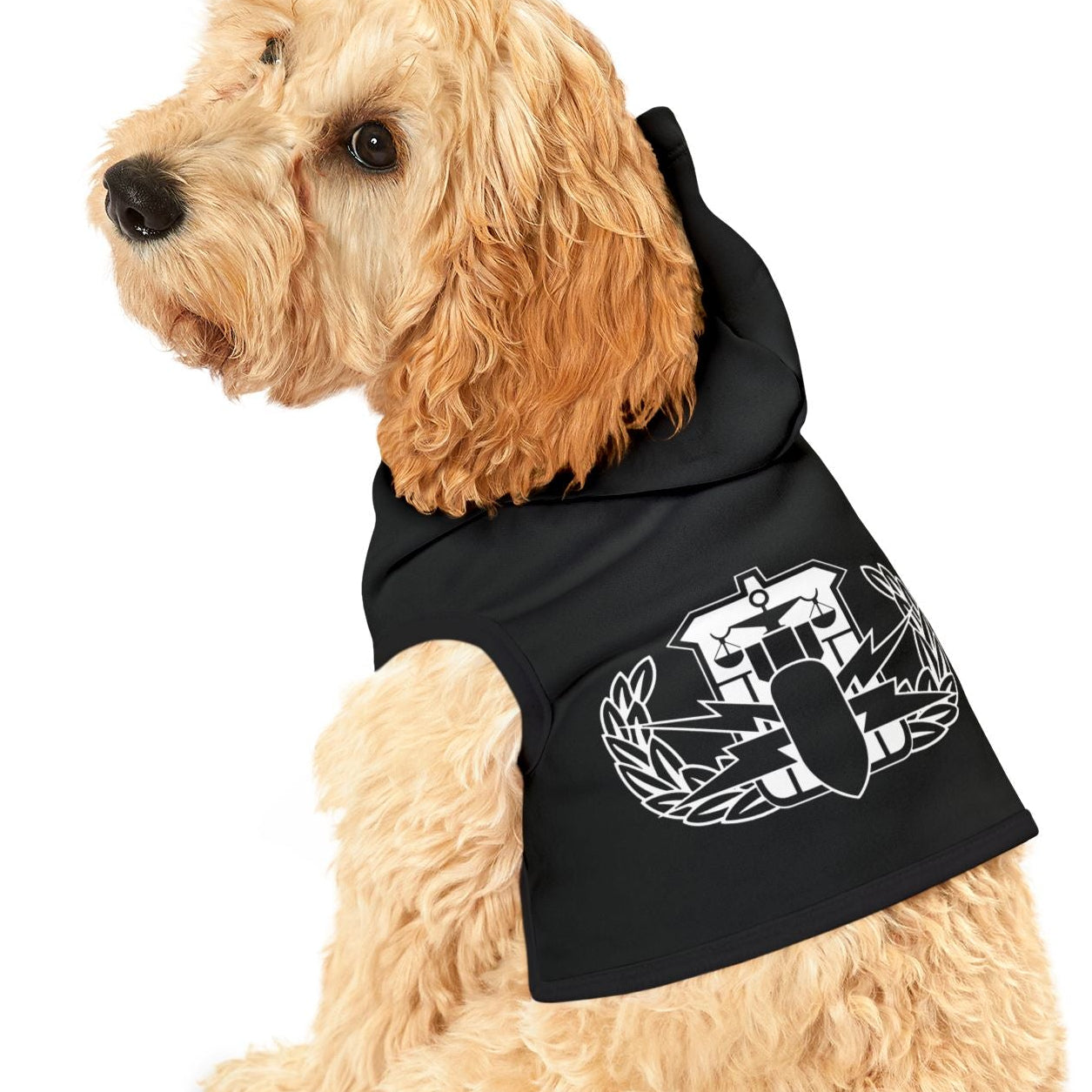 Dog wearing a black hoodie with a graphic design on a white background
