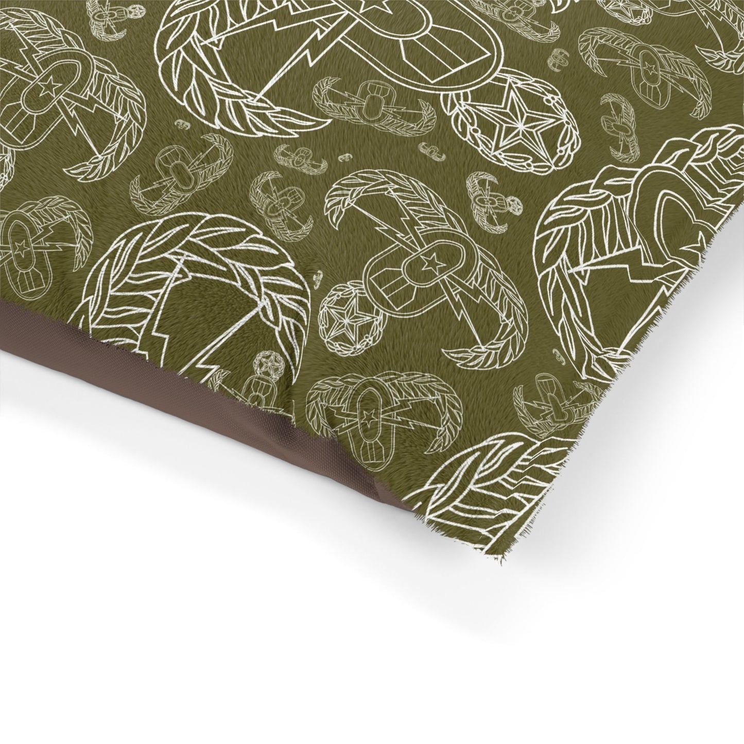Pet Bed — "EOD Mixed Badges" (White on Olive)