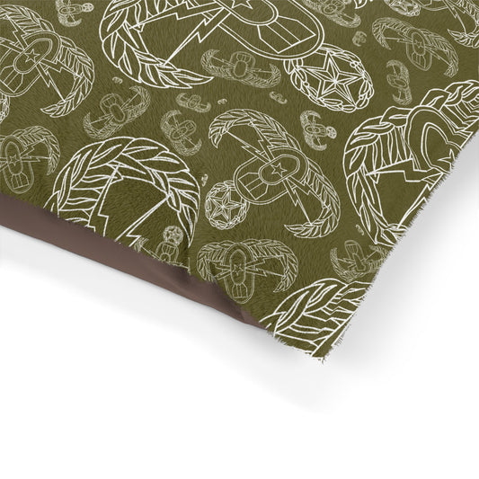 Pet Bed — "EOD Mixed Badges" (White on Olive)