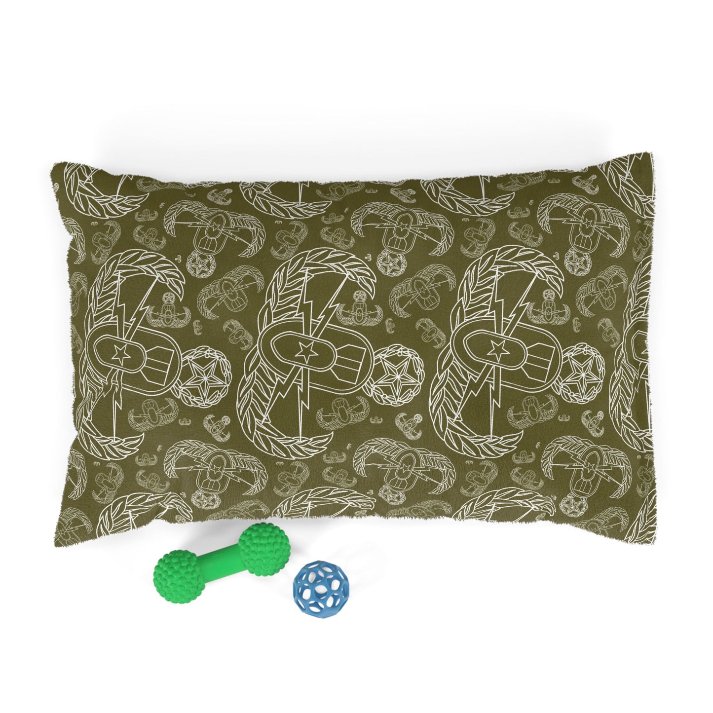 Pet Bed — "EOD Mixed Badges" (White on Olive)