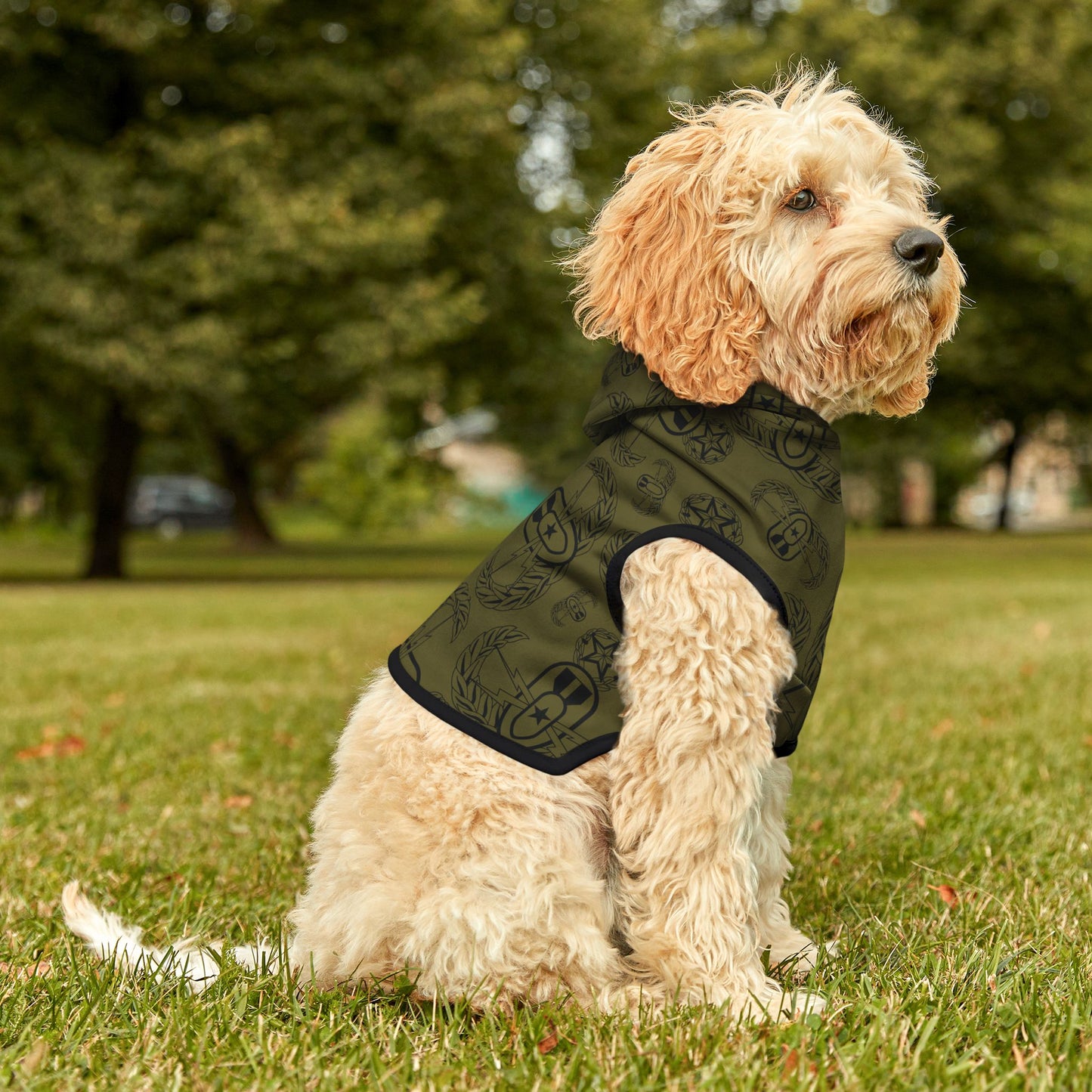 Pet Hoodie — "EOD Badges x 3" (Black on Olive)