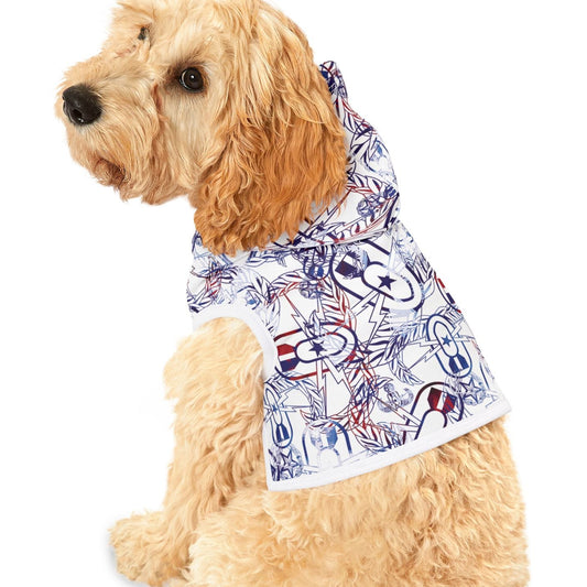 Dog wearing a patterned raincoat on a white background