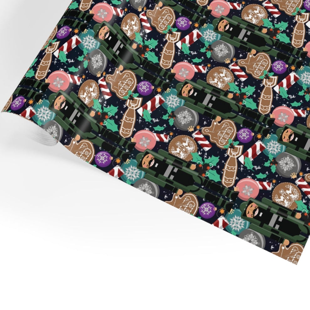 Patterned fabric with Christmas-themed design on a white background