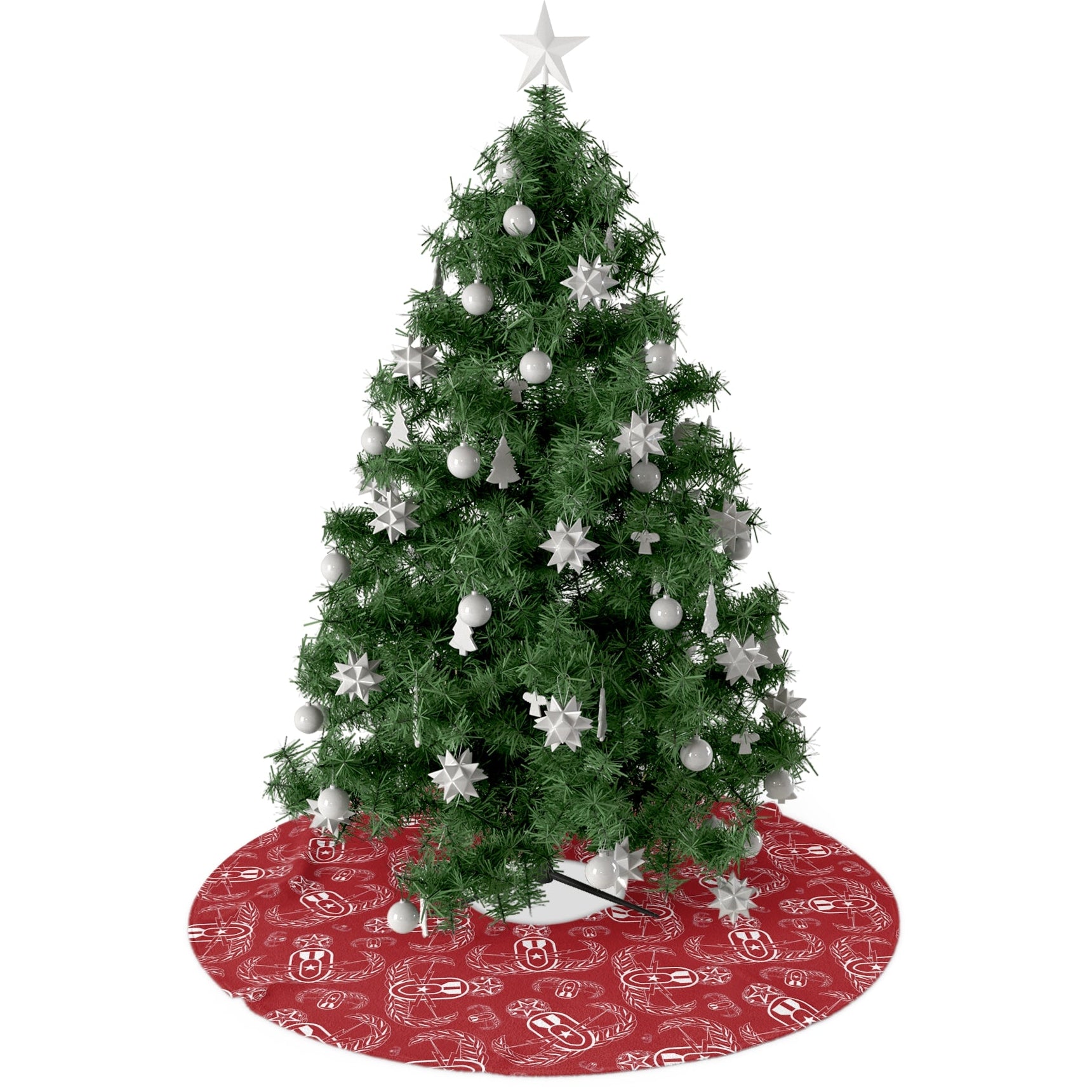 Decorated Christmas tree with a red patterned base on a white background