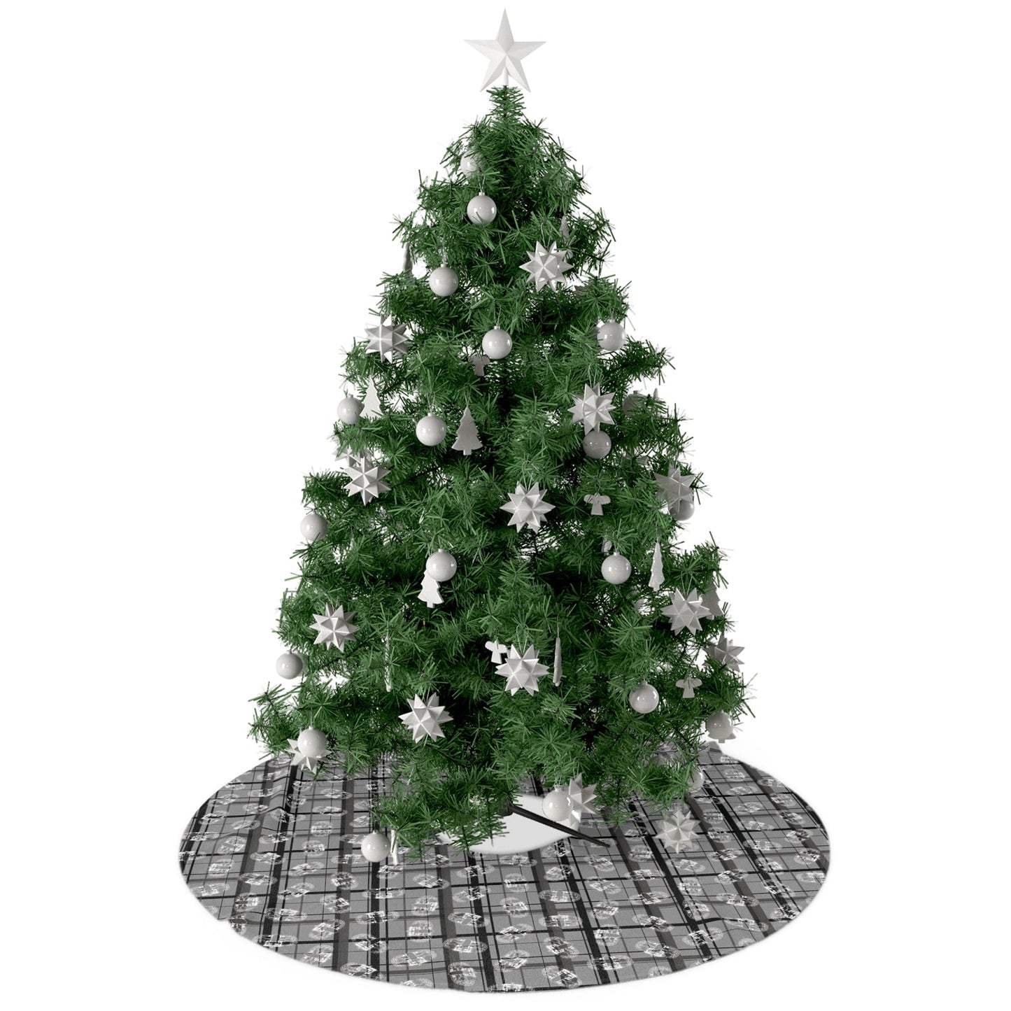 Decorated Christmas tree with white ornaments on a white background