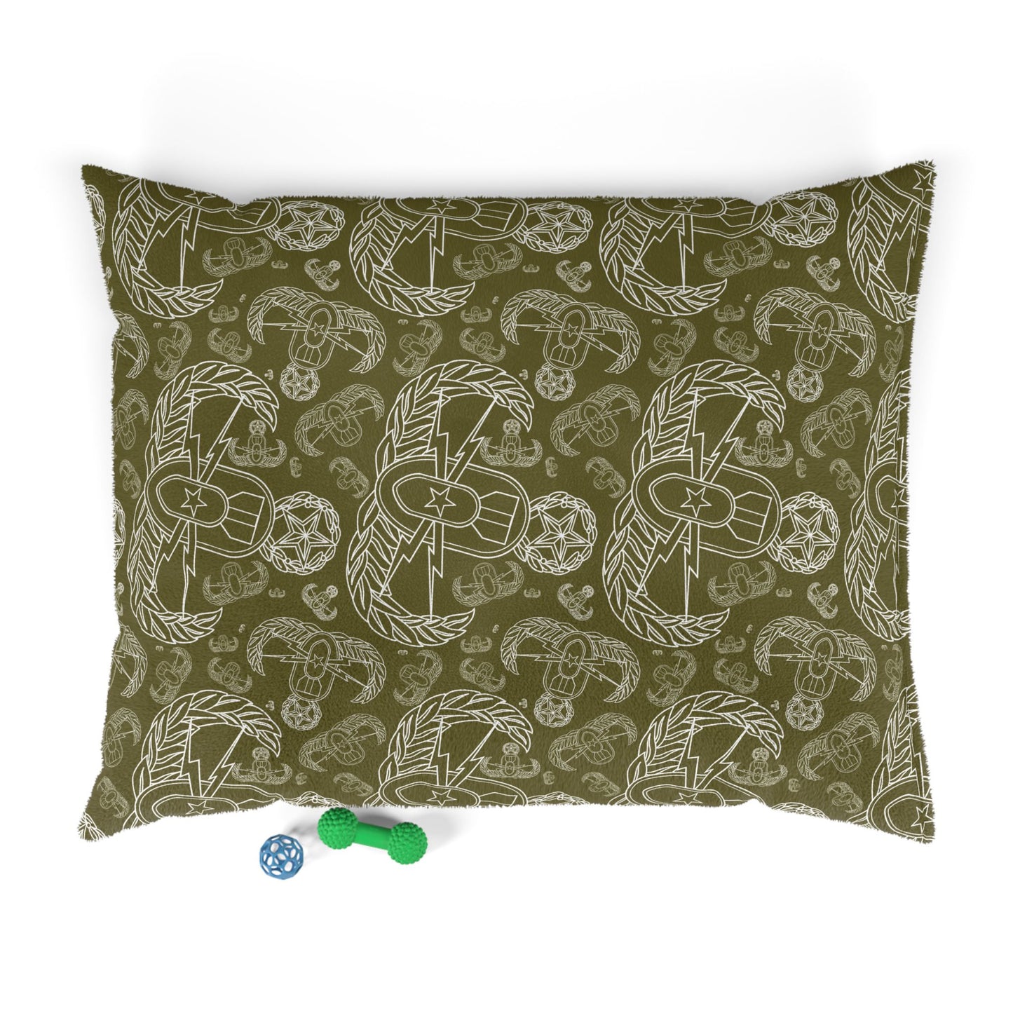 Pet Bed — "EOD Mixed Badges" (White on Olive)