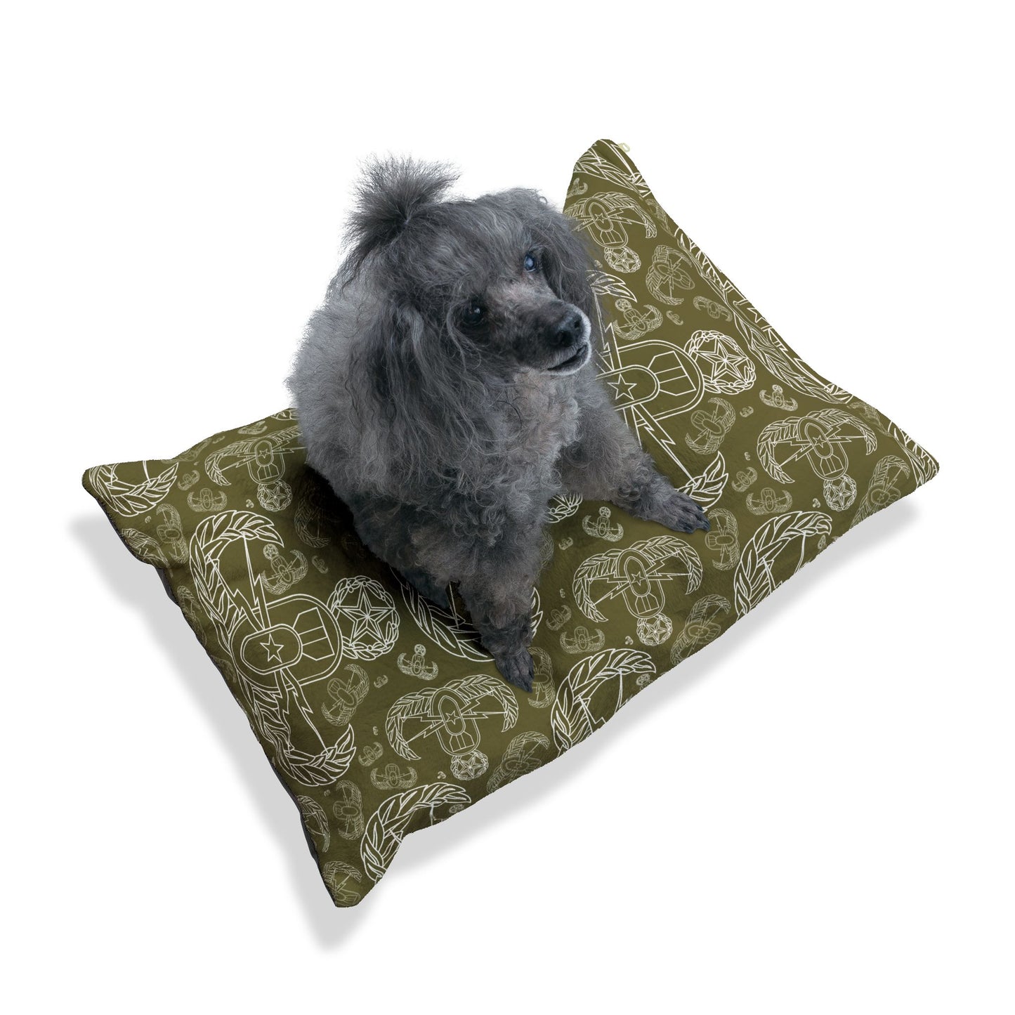 Pet Bed — "EOD Mixed Badges" (White on Olive)